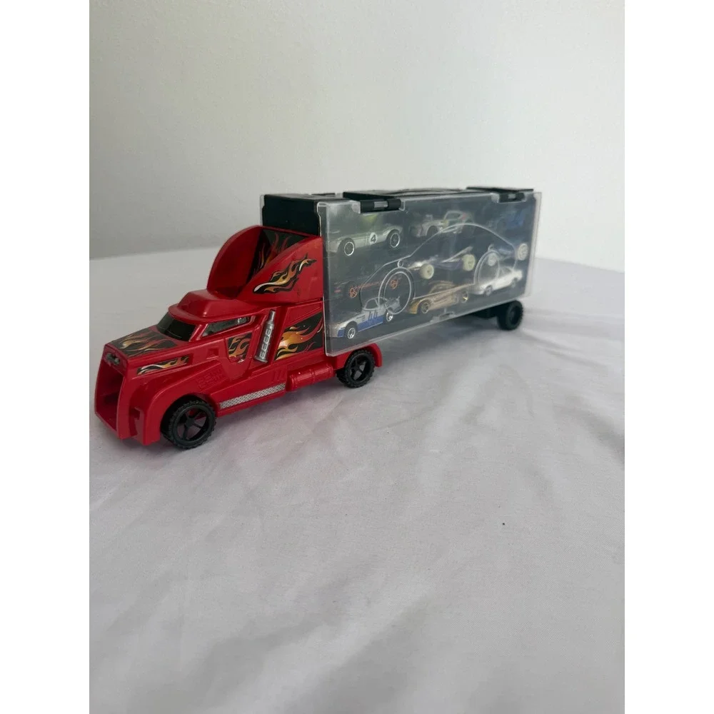 Toy Car Carrier Truck with 18 Diecast Cars Red Transport Semi Storage Case